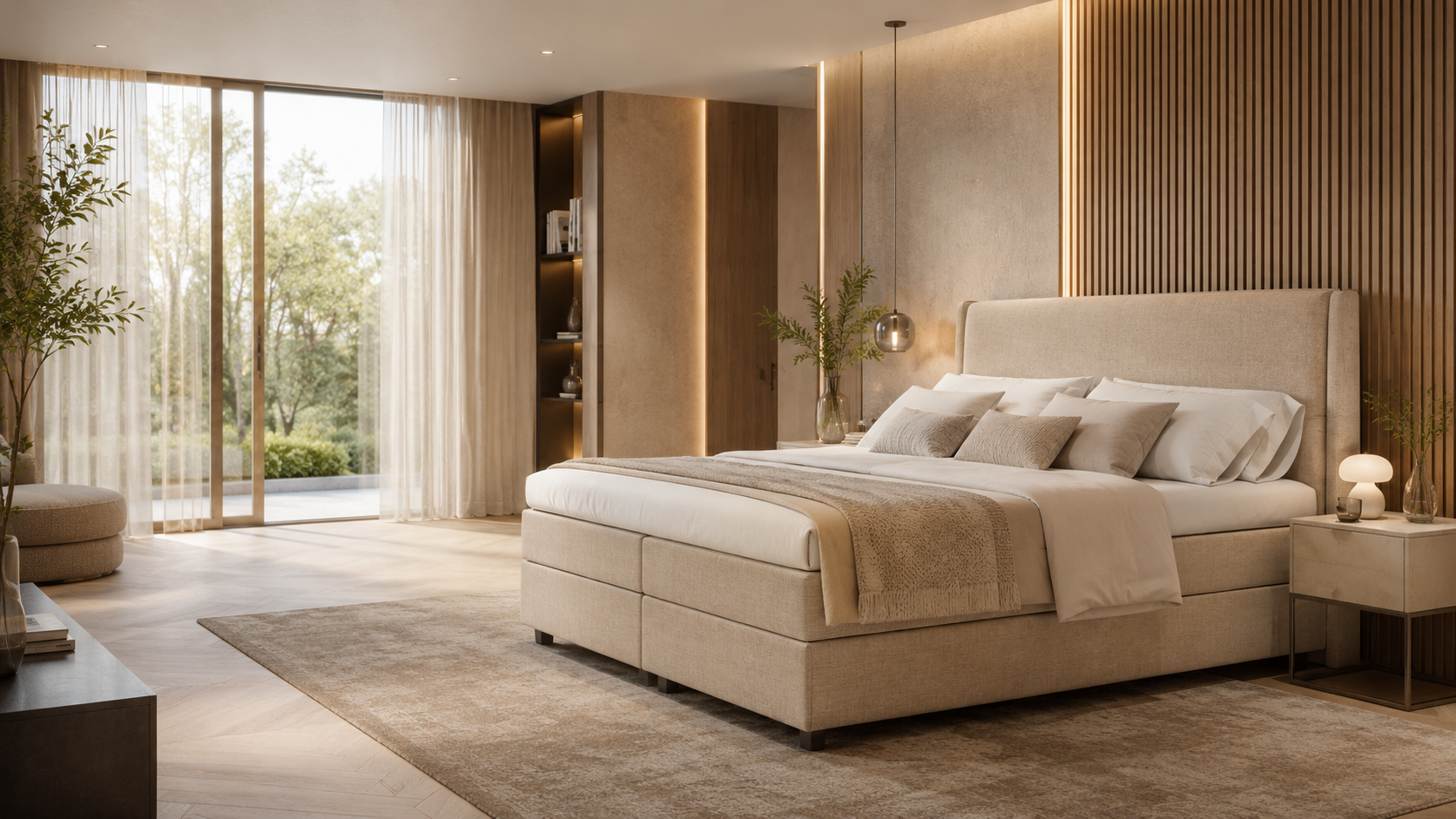 Luxe boxspring in een lichte moderne slaapkamer